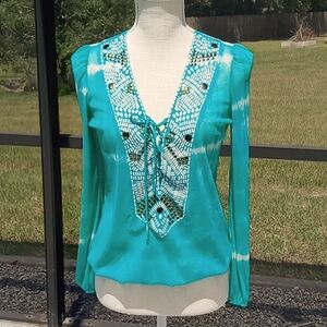 INC Beach Tie Dyed Long Sleeve Sheer Blouson Top (cover-up) V-Neck Size XS